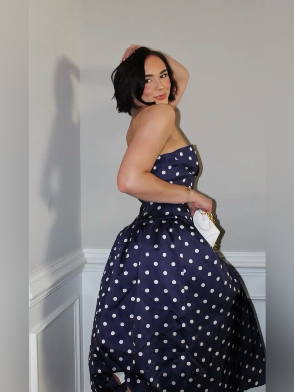 self-portrait Navy Polka Dot Strapless Midi Dress size 12 - Picture 8 of 14